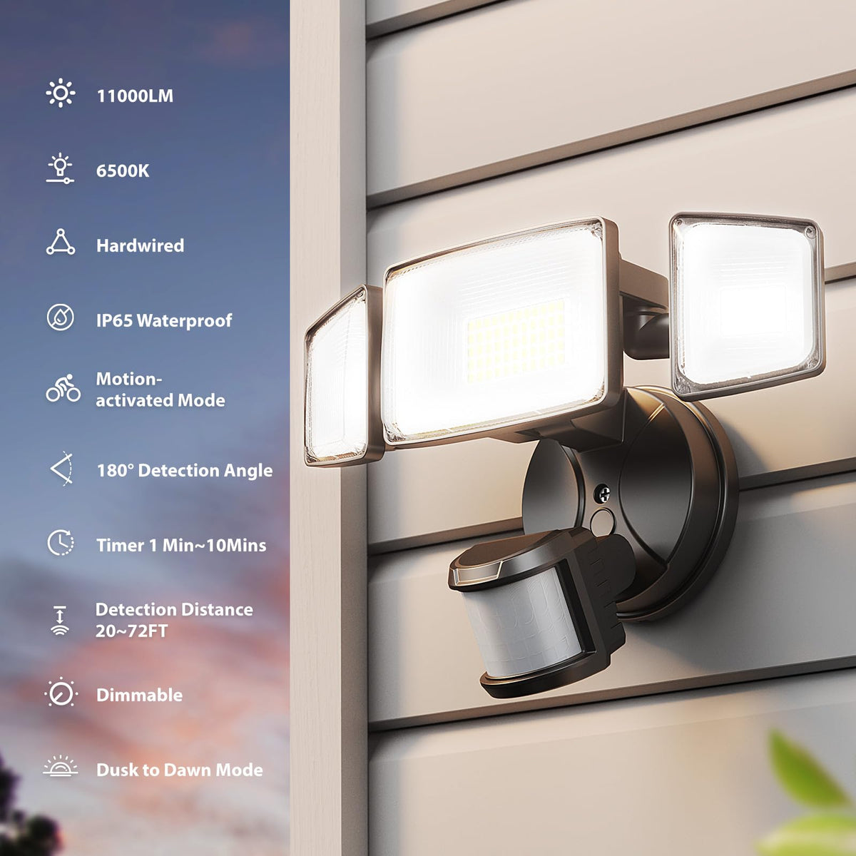Onforu 100W LED motion sensor outdoor lights wall mount angle view for versatile installation.