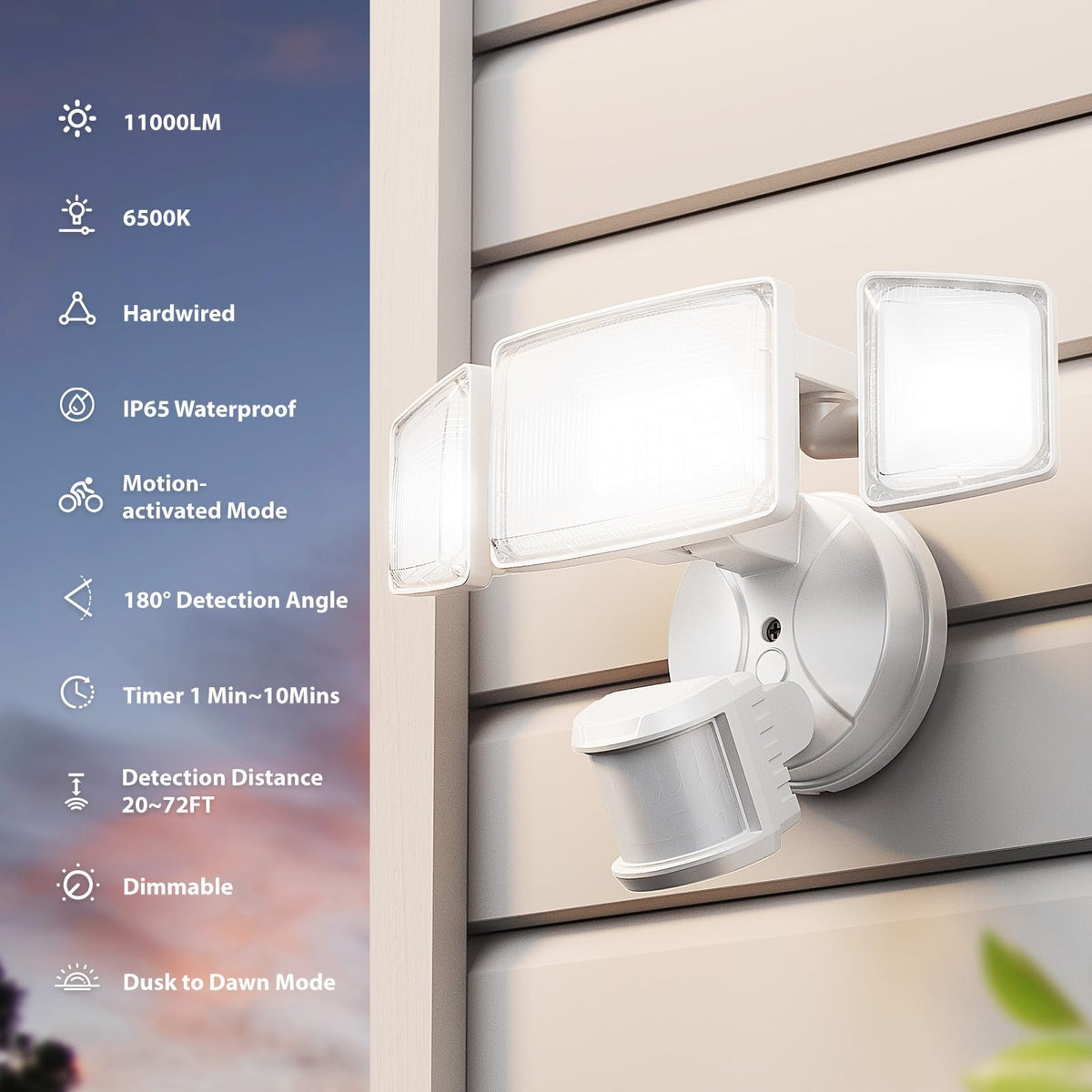 Onforu flood light in dusk-to-dawn mode delivers constant exterior visibility.