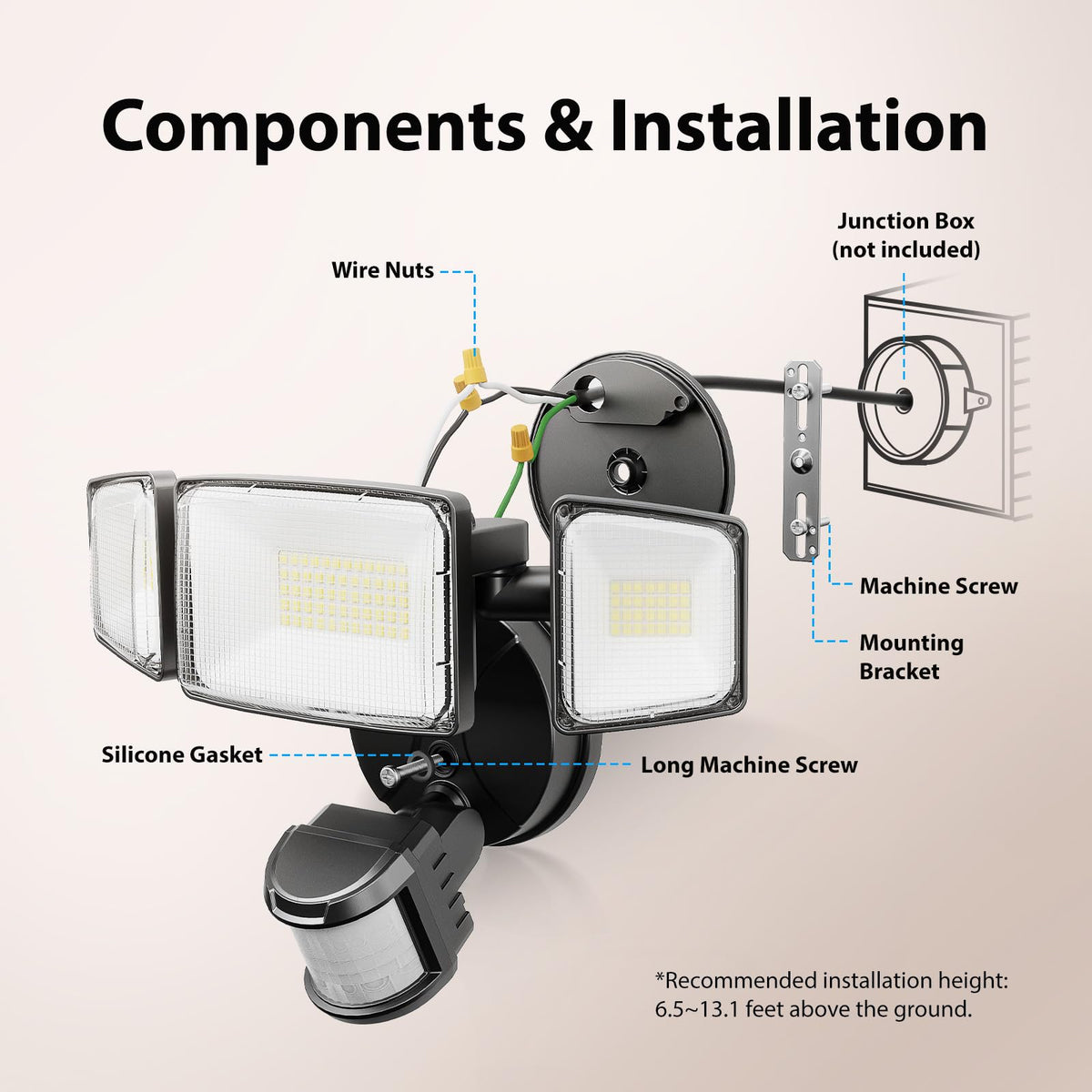 Onforu 100W LED outdoor floodlight night-illumination effect for yard and walkway.