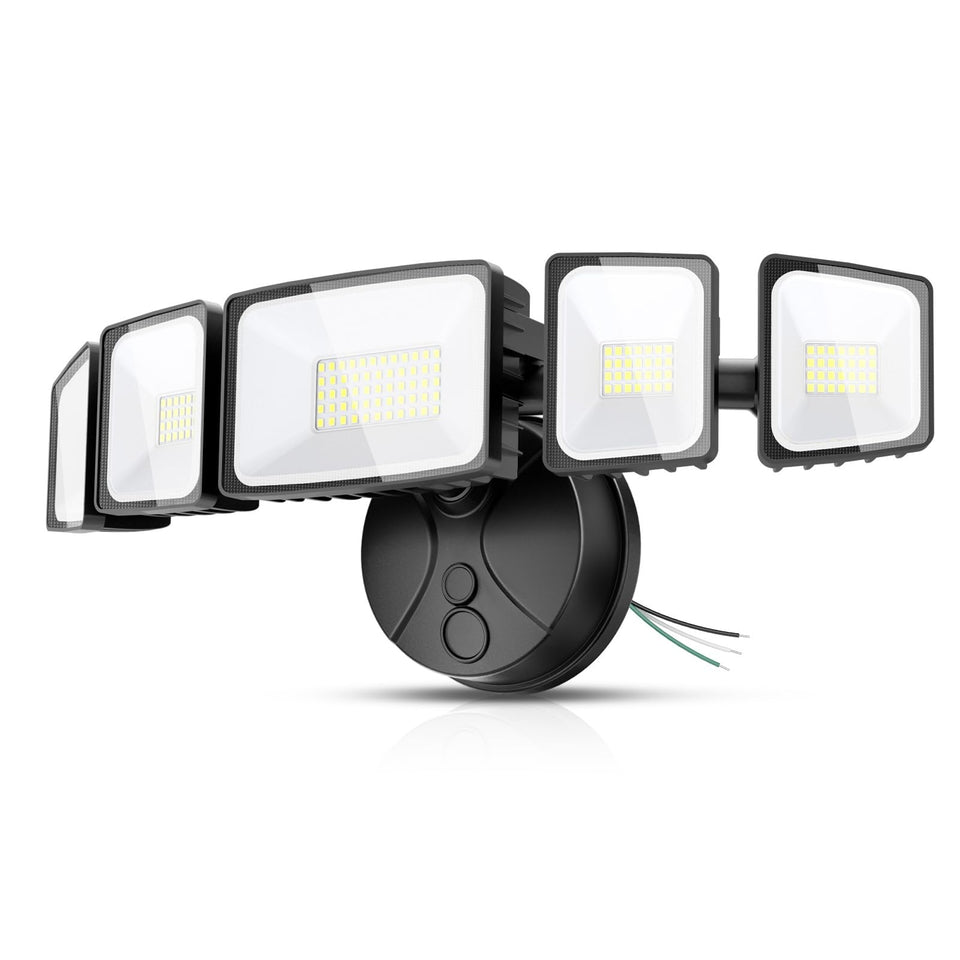 Onforu 150W LED flood light front view with five adjustable heads for broad yard lighting.