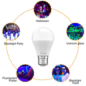 Onforu black light bulb with a 270-degree beam spreads glow widely.