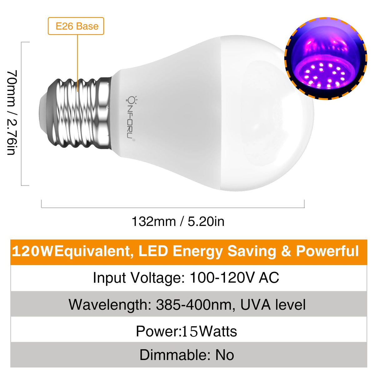 Onforu 385-400nm bulb safely powers UV-reactive materials indoors.