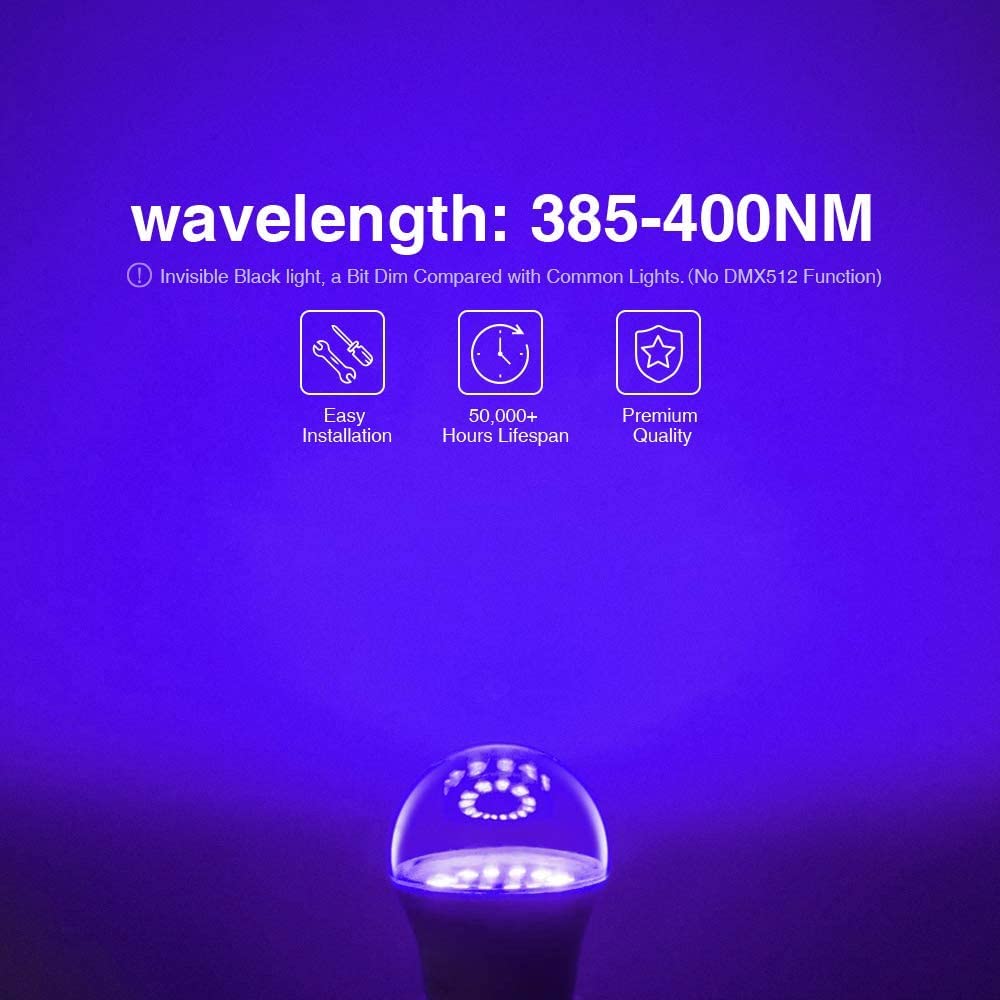 Onforu 15W black light bulb in A19 shape highlights purple fluorescence in artworks.