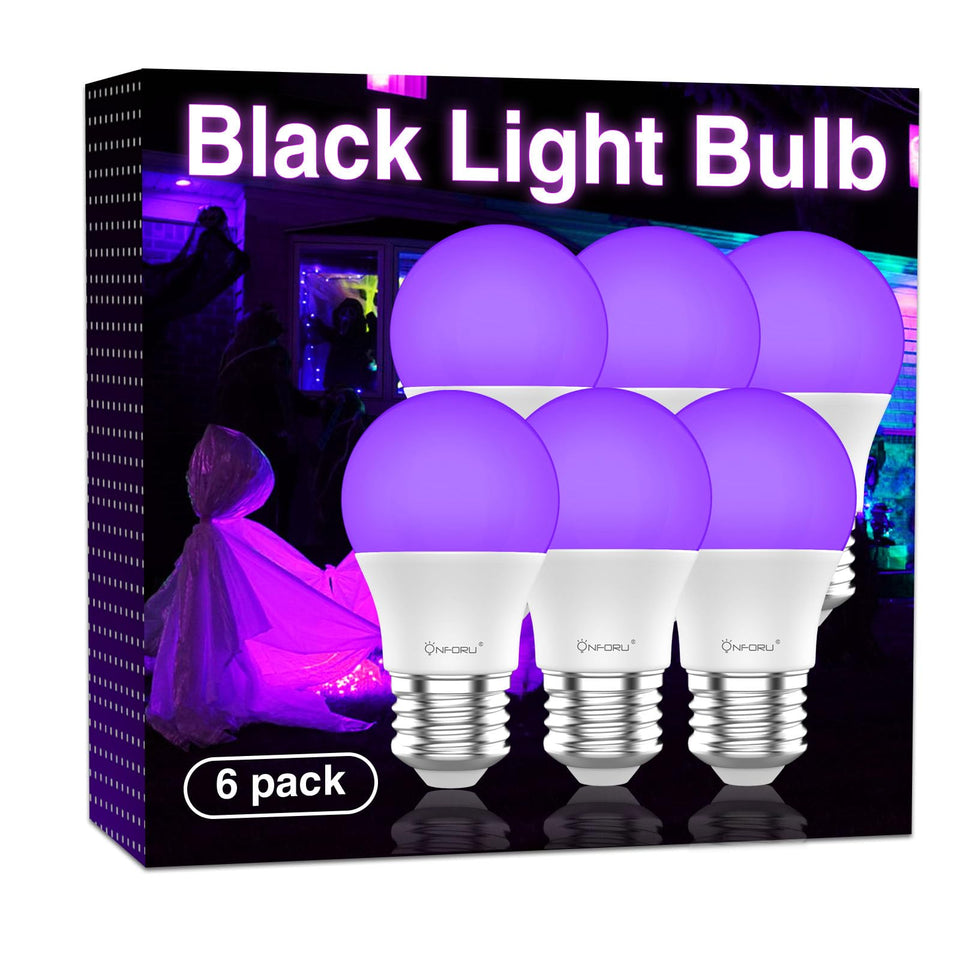 Onforu 15W black light bulb creates a vivid neon glow for party scenes.