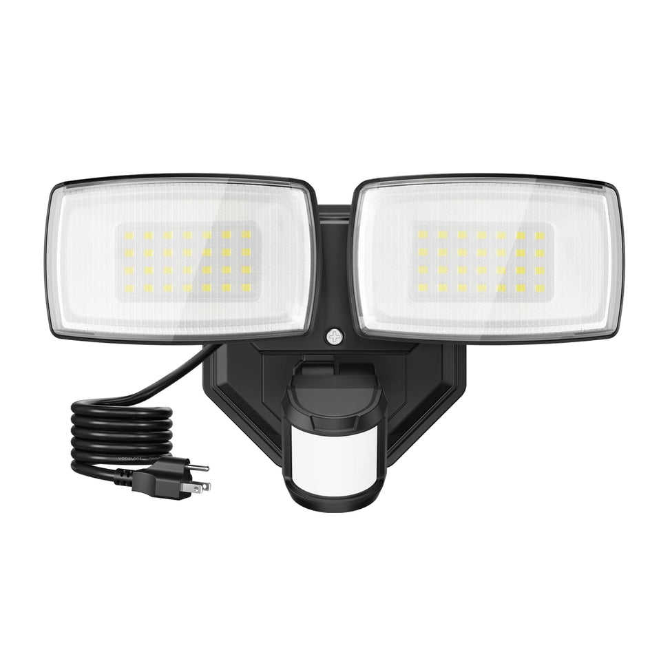 Onforu 32W motion sensor flood light with dual heads lighting the driveway.