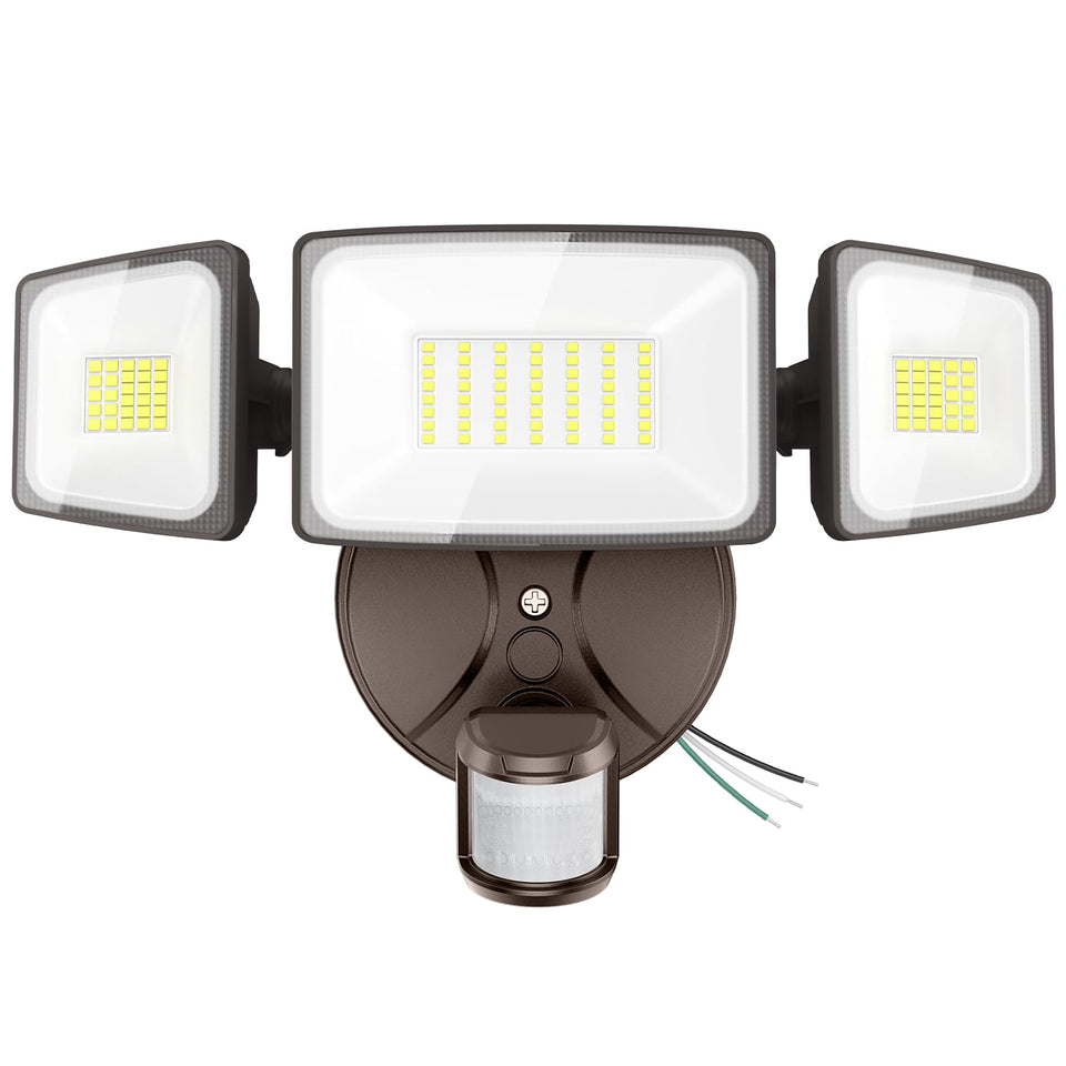 Onforu 75W flood light, three-head angle, broad outdoor coverage for yards and entryways