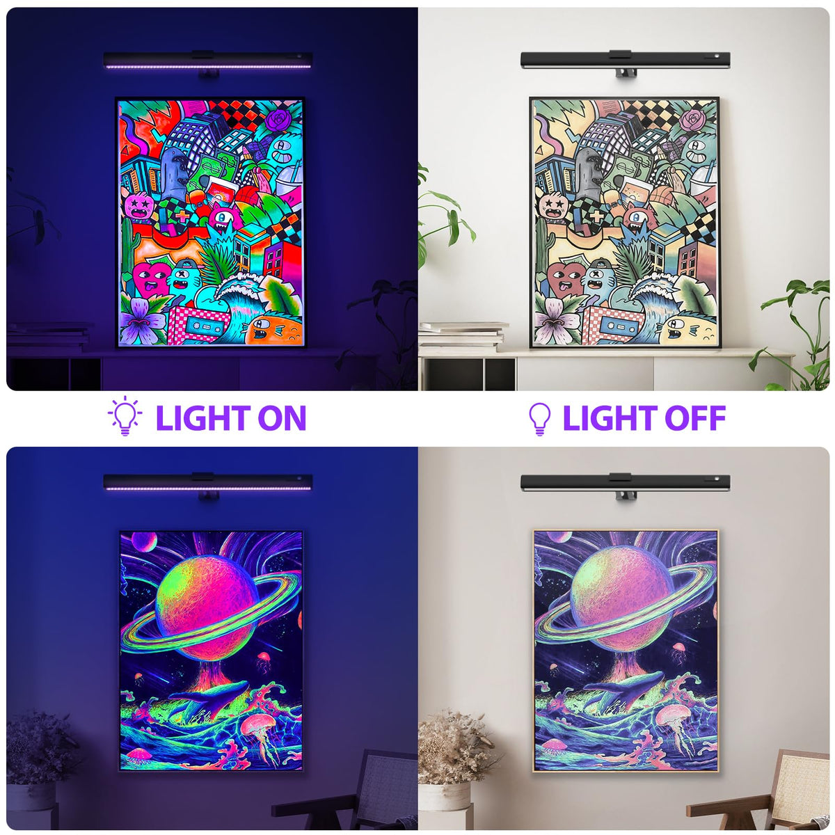 Onforu blacklight bar illuminates posters and tapestries with fluorescent colors.