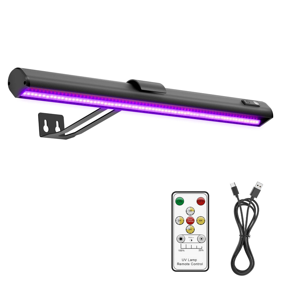 Onforu blacklight bar on wall illuminating neon posters for vibrant decor.