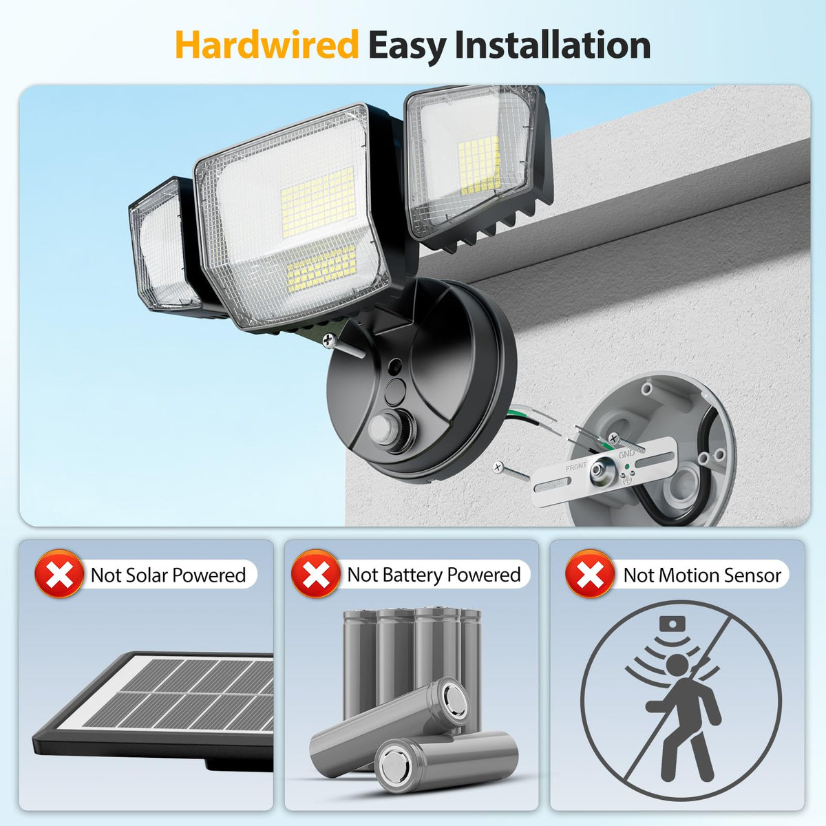 Onforu four-head flood light provides broad illumination for driveways and gardens.