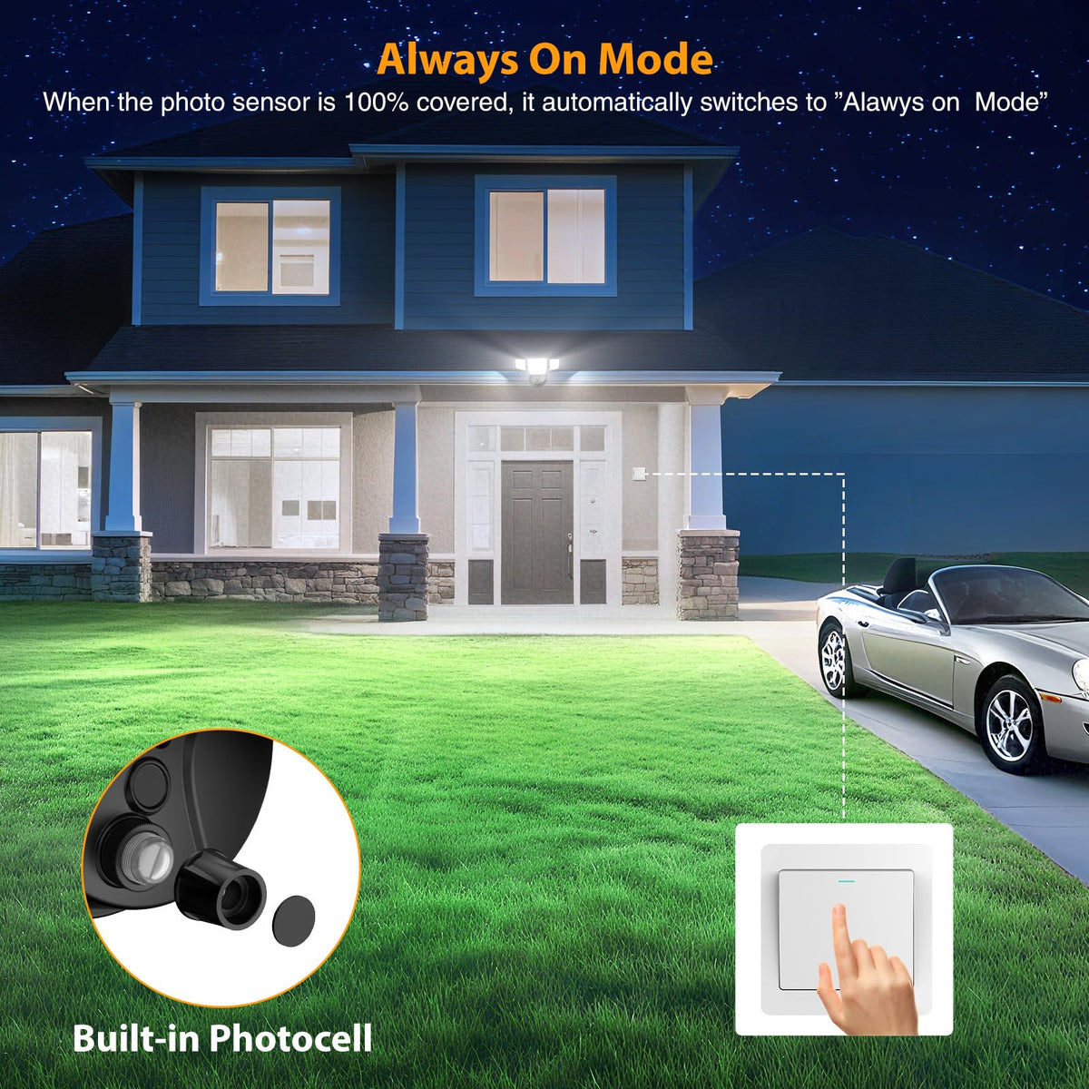 Onforu photocell dusk-to-dawn feature saves energy by auto-on at night.