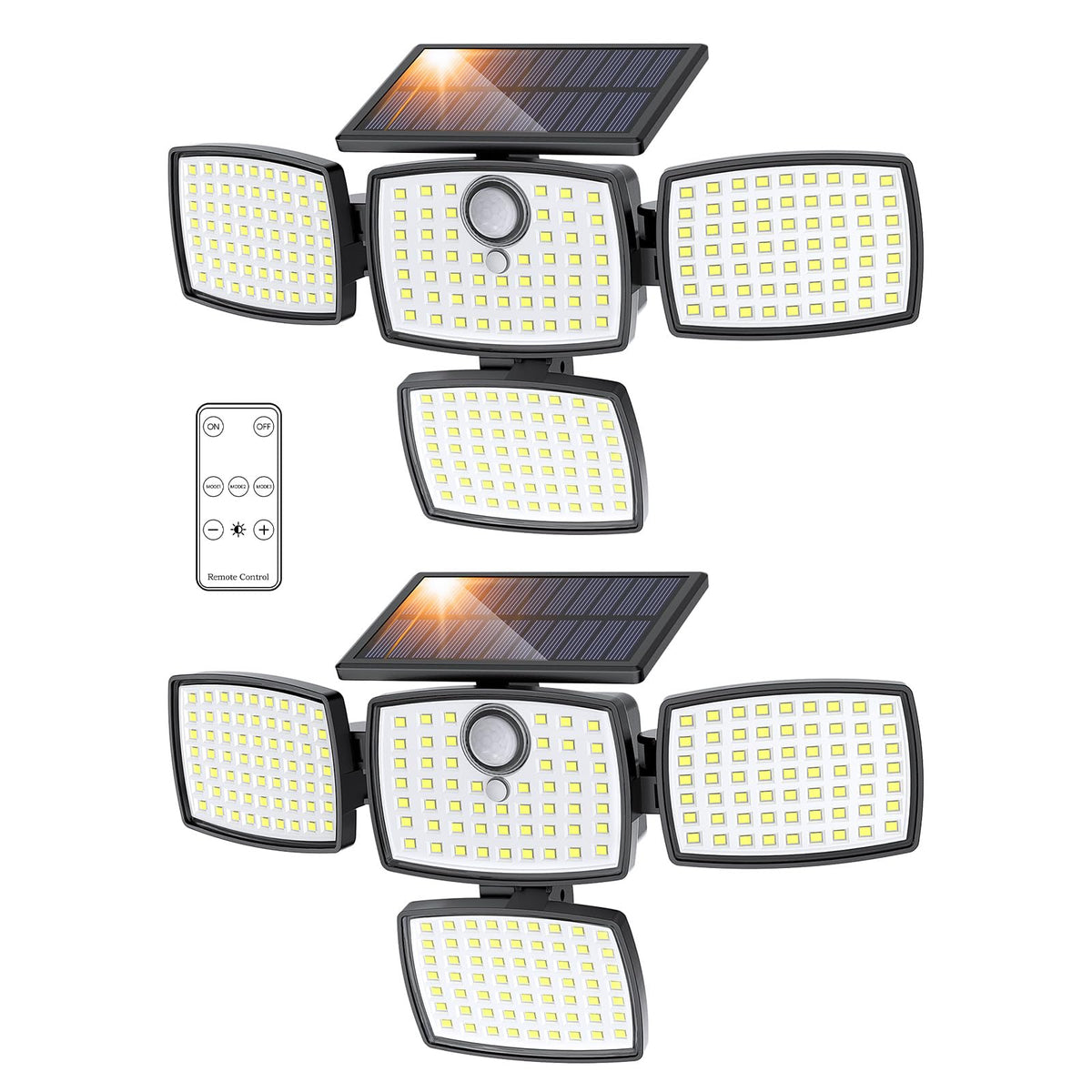 Onforu four-head solar light mounted on wall for wide-area illumination and security.