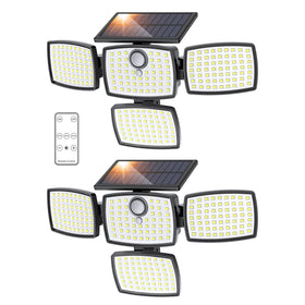 Onforu four-head solar light mounted on wall for wide-area illumination and security.