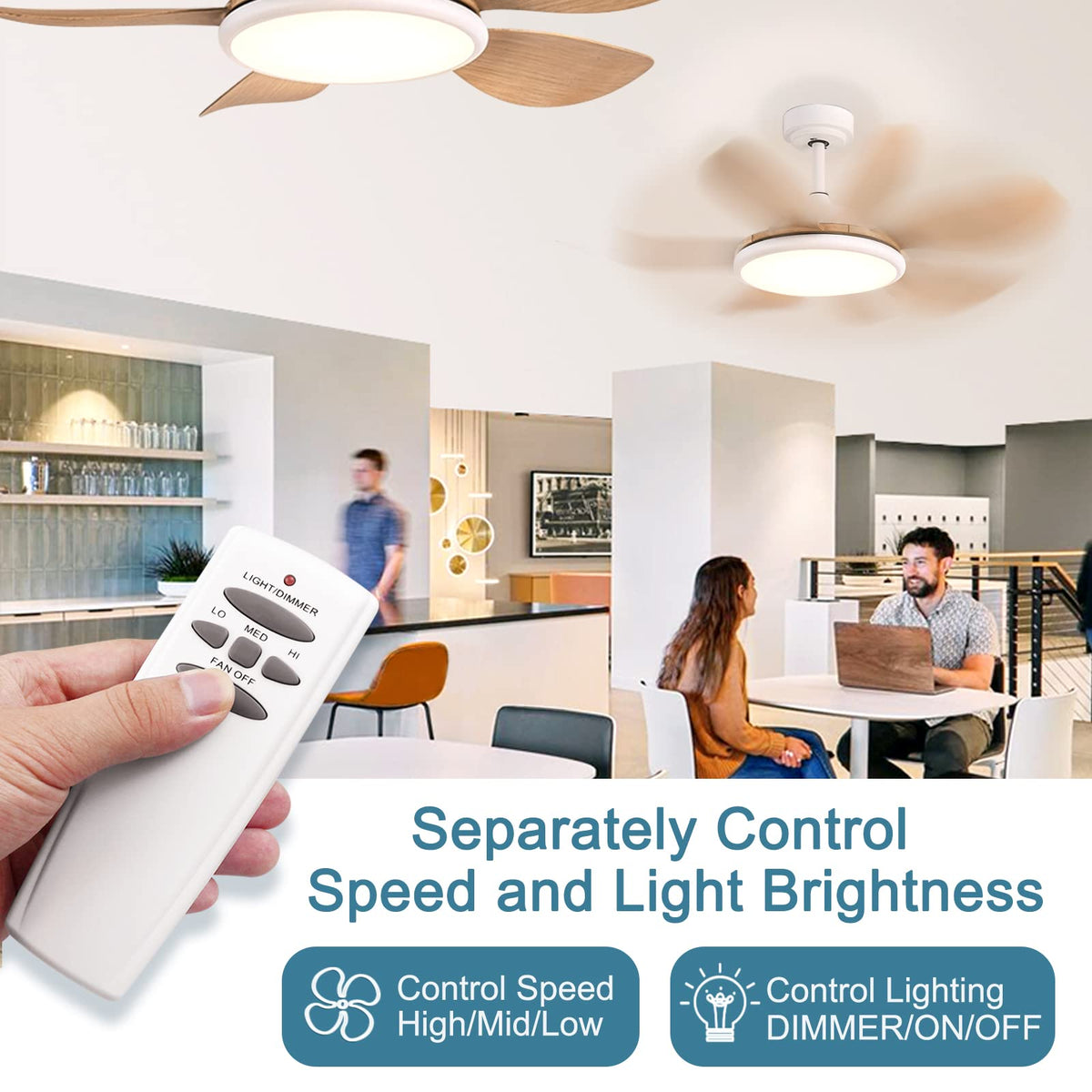 Onisamt remote with dimmer controls fan light for compatible models.