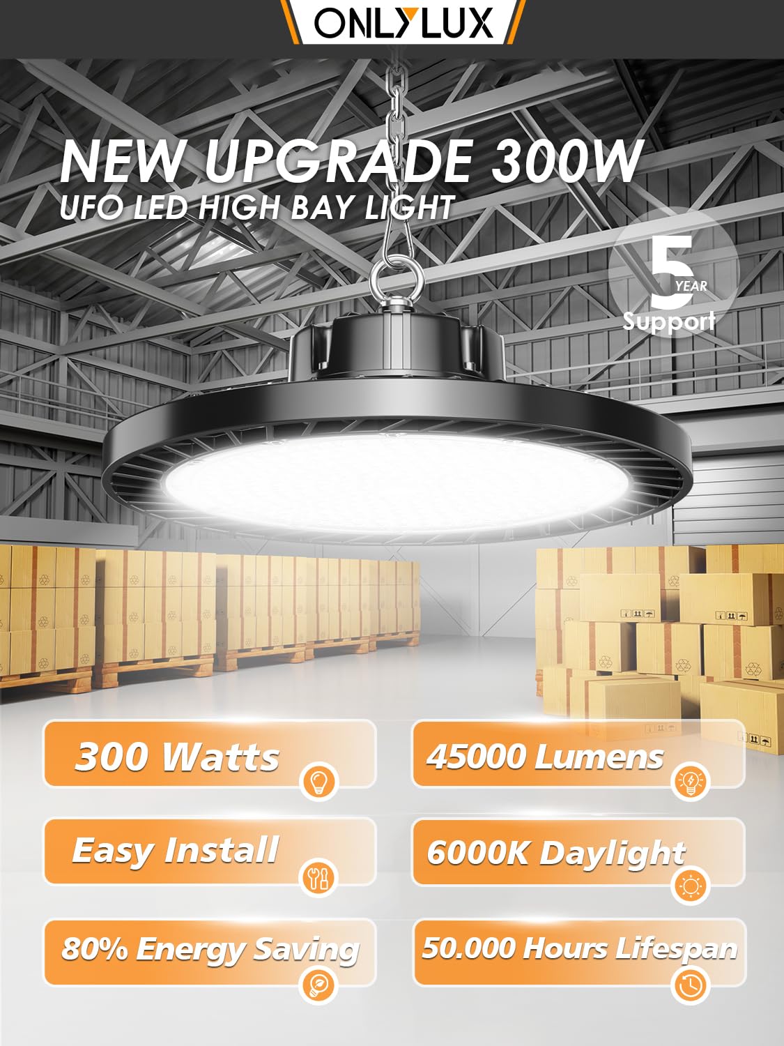 ONLYLUX 45000lm output high bay light, bright 6000K daylight for clear workspaces.
