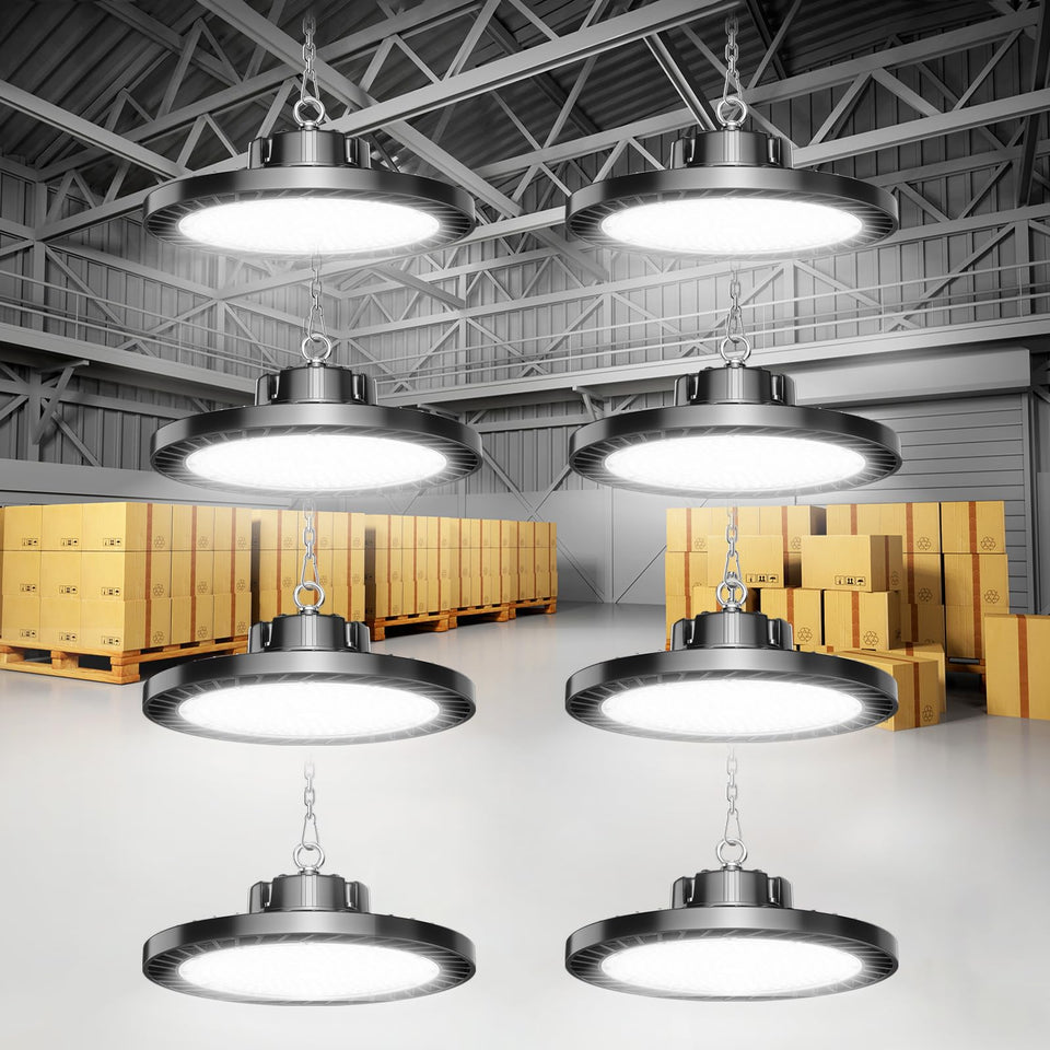ONLYLUX 300W UFO high bay light front view, sleek die-cast design for warehouses.