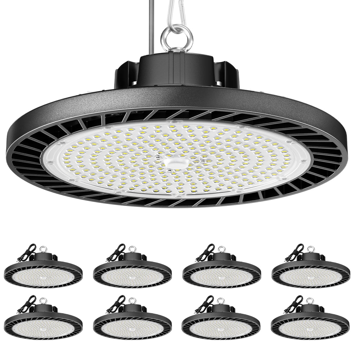 ONLYLUX 8-pack high bay light front view highlighting 200W output and bright coverage.