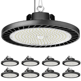 ONLYLUX 8-pack high bay light front view highlighting 200W output and bright coverage.