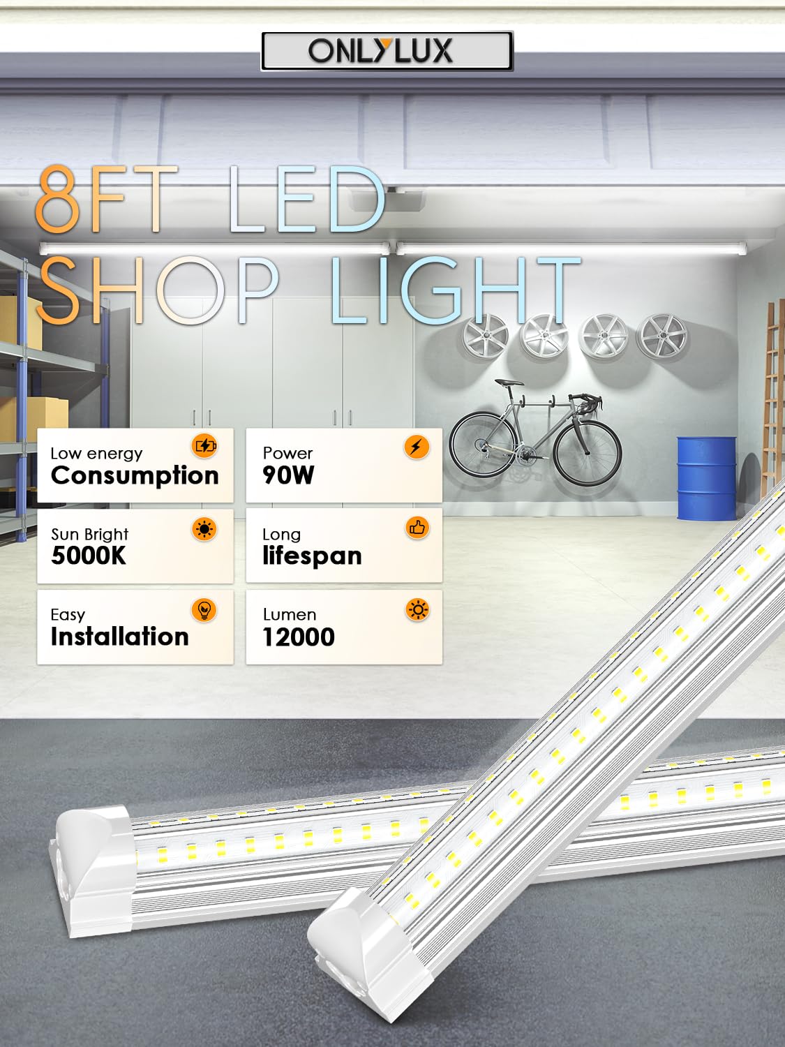 ONLYLUX 8ft LED shop light packaging shows included hardware and quick wiring.