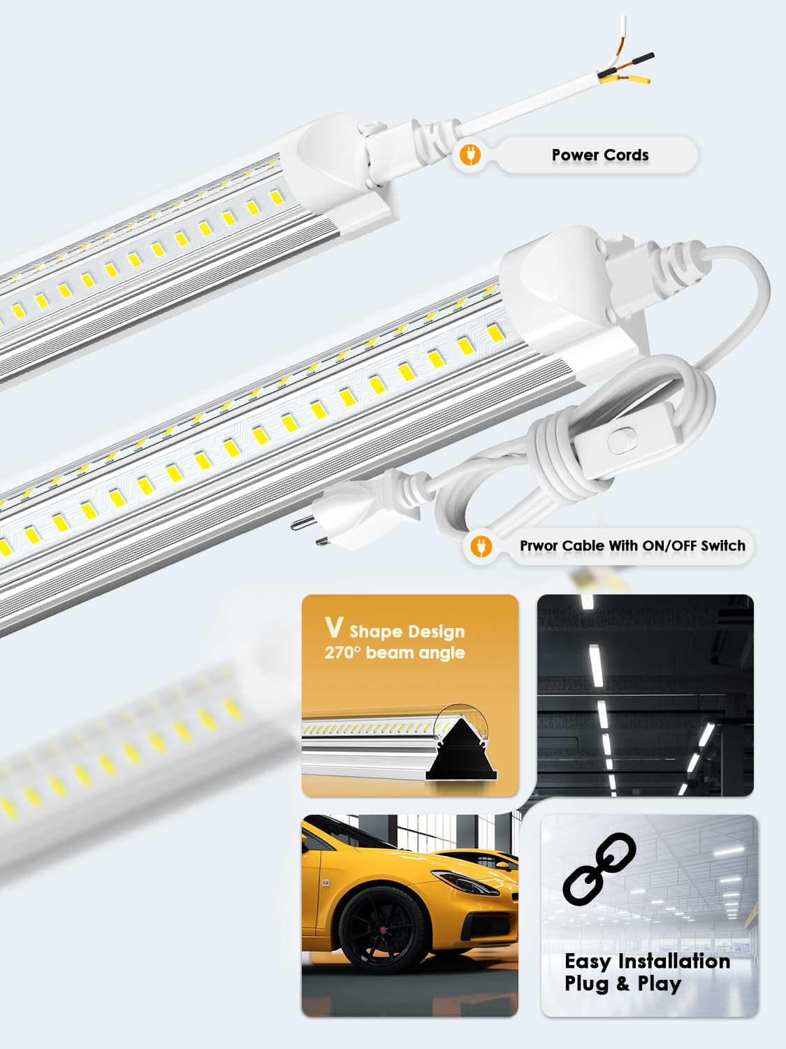 ONLYLUX 8ft LED shop light seamless-connectors enable daisy chaining.