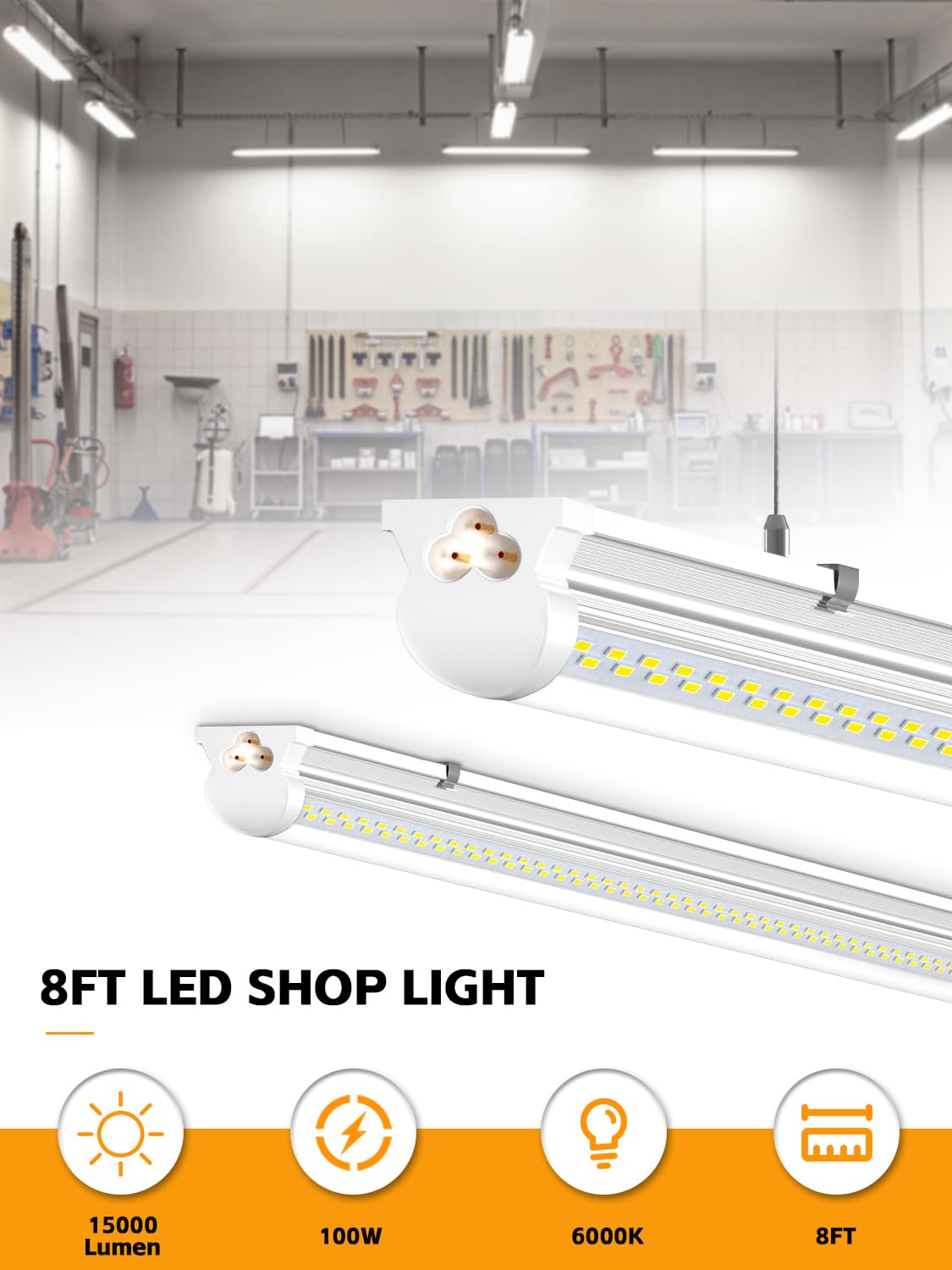 ONLYLUX 8ft shop light showing end to end connectors for scalable installation