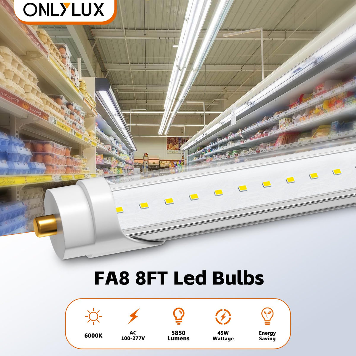 ONLYLUX T8 8ft LED bulbs deliver bright light for workspaces and warehouses.