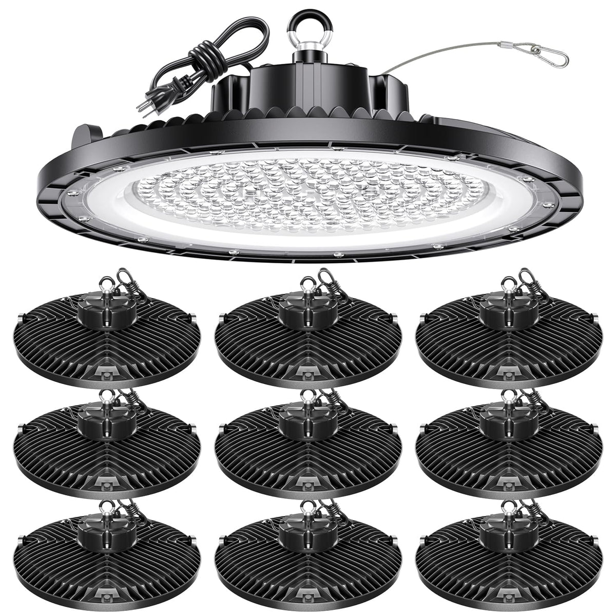 ONLYLUX UFO high bay light 200W front view showing brightness for industrial spaces