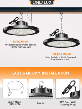 ONLYLUX high bay light with quick 3-minute installation and US plug.