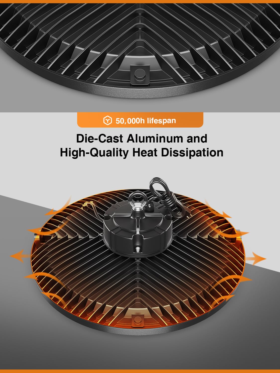ONLYLUX UFO LED High Bay die-cast aluminum housing for durability.