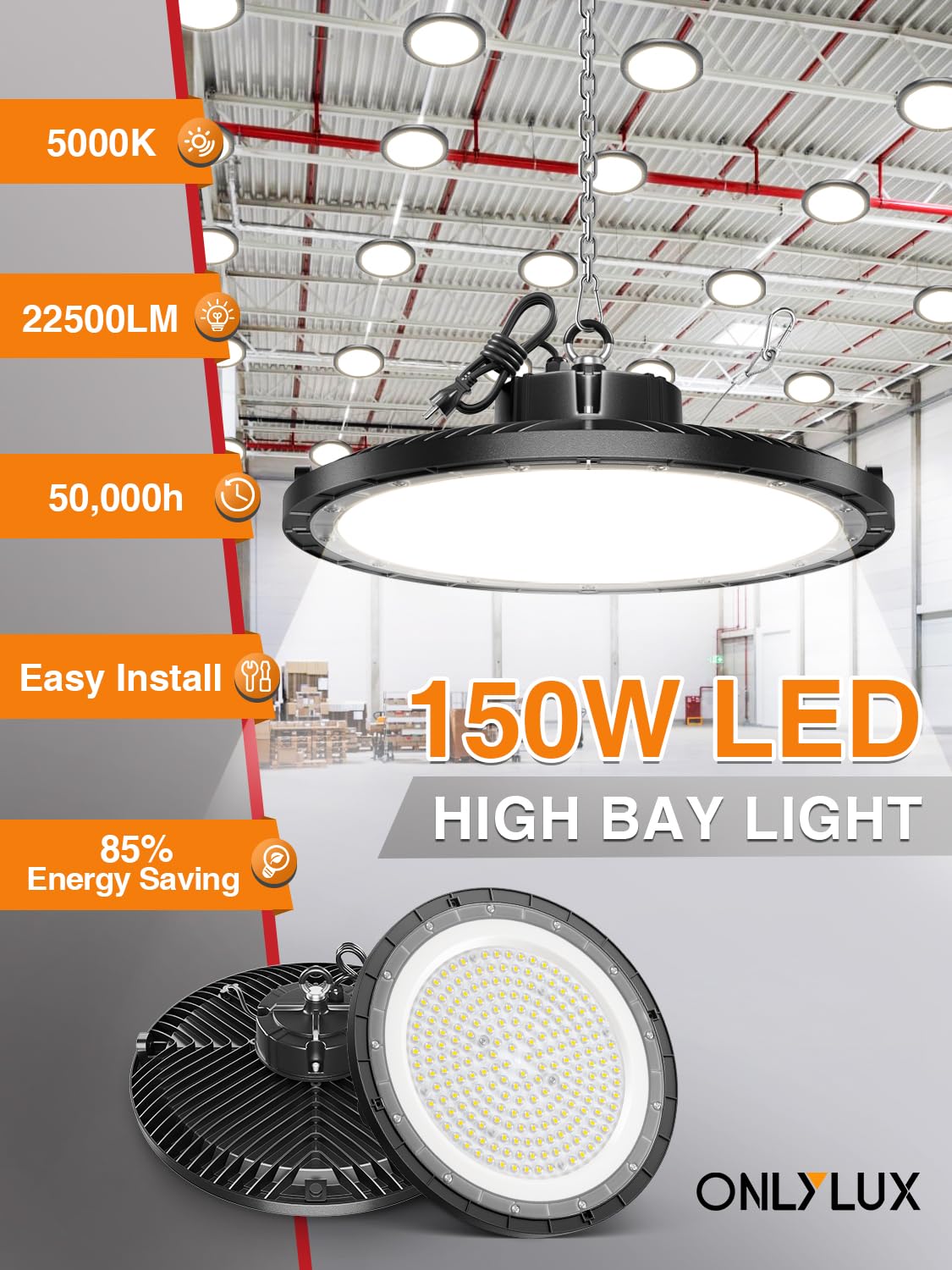 ONLYLUX UFO High Bay with 5' adjustable cable for quick mounting