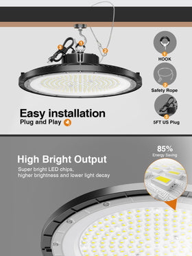 ONLYLUX UFO LED High Bay plug-and-play setup at 120V.