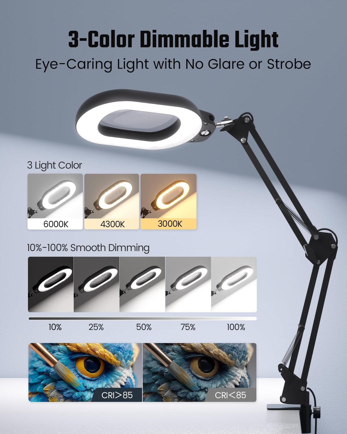 ONLYWIN magnifying lamp LED dimming lets you adjust brightness smoothly.