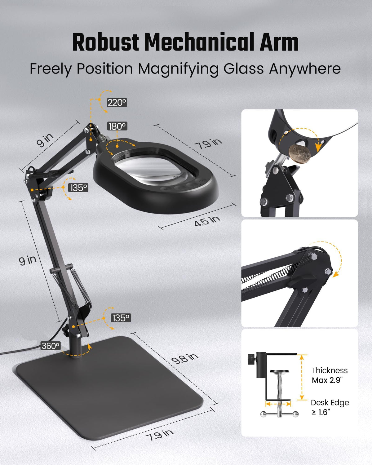 ONLYWIN magnifying lamp side view shows ergonomic swing arm in use.