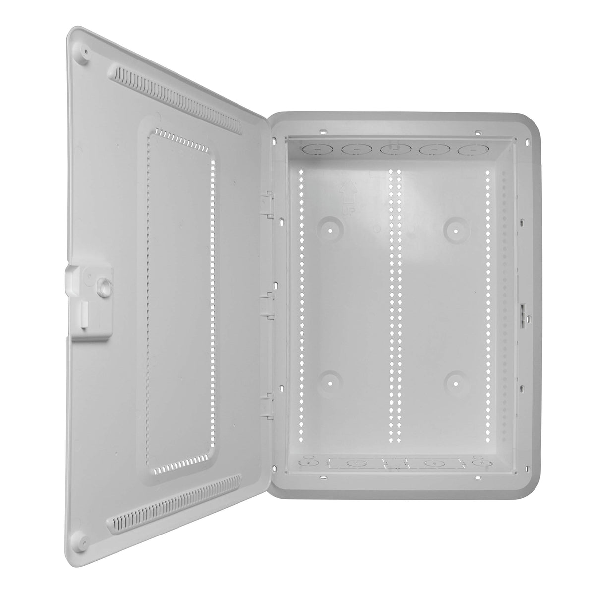 On-Q Legrand ENP2050-NA door-open angle demonstrates tool-free access.