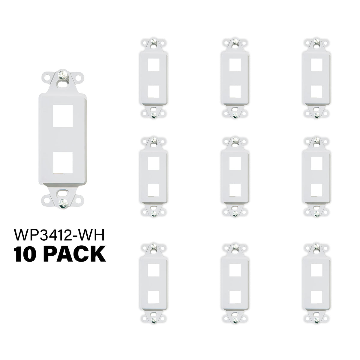 On-Q wall plate white with blank keystone cutouts for flexible low-voltage configurations.