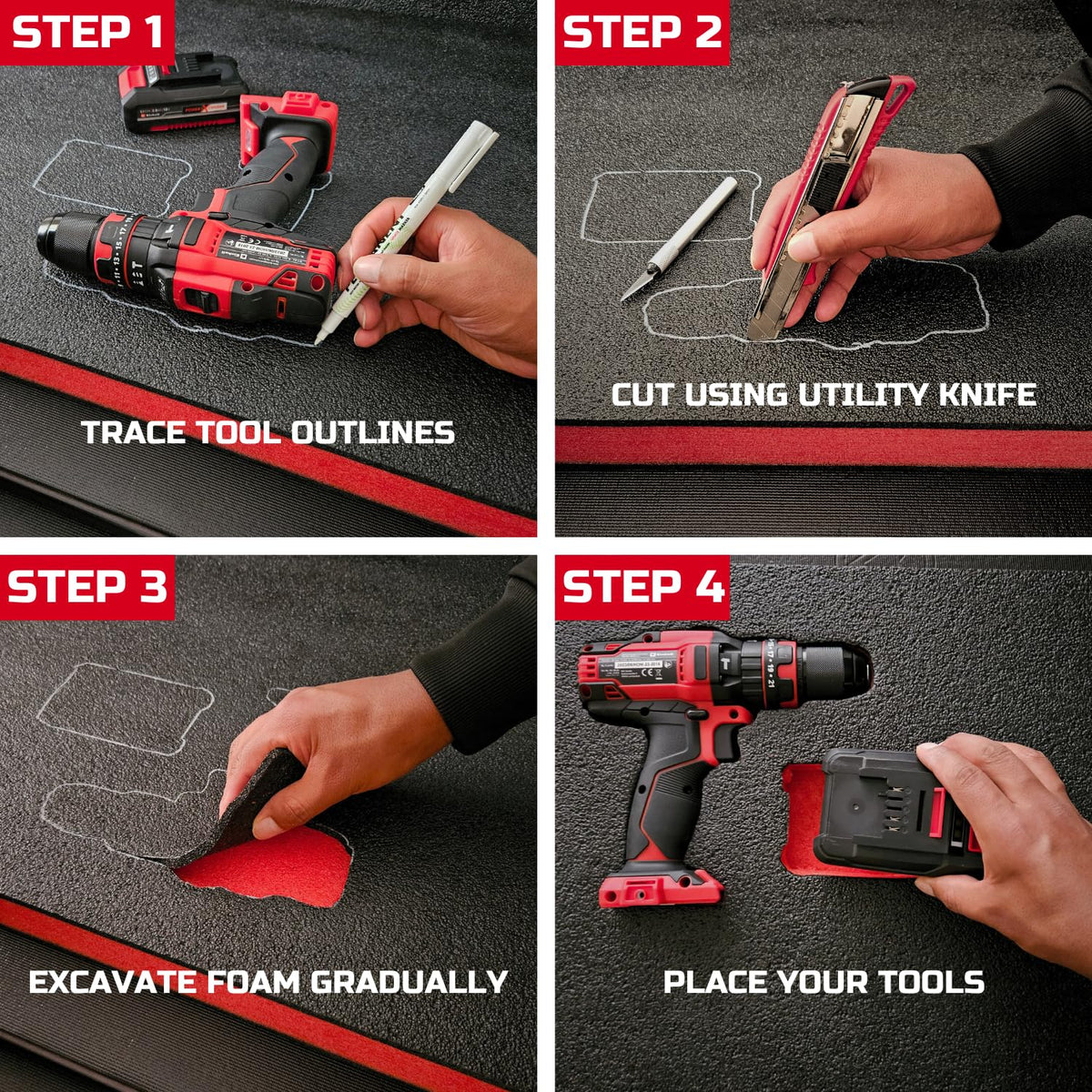 Durable polyethylene ONREVA foam protects tools during transit.