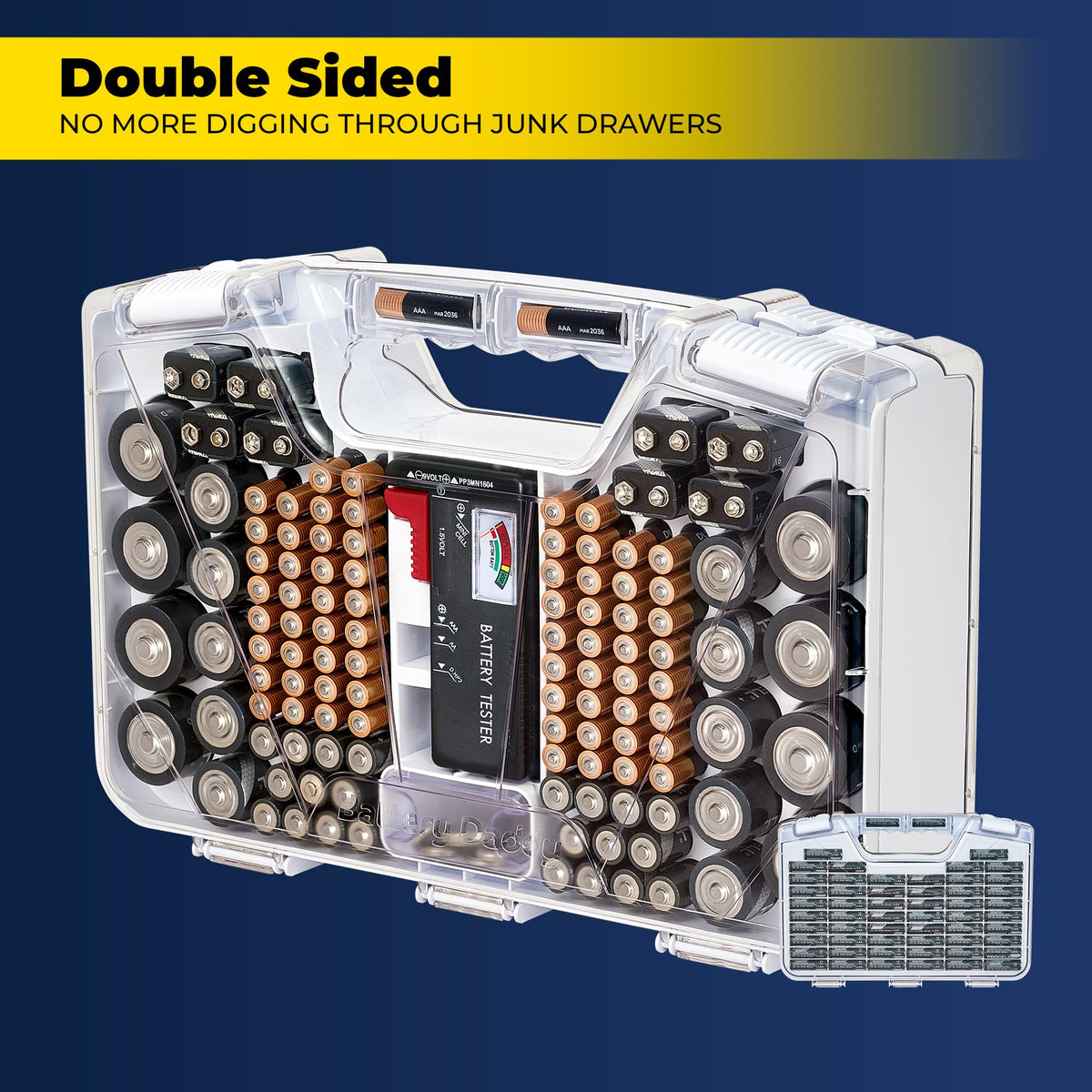 Ontel Battery Daddy organizes AA, AAA, and other sizes for quick access.