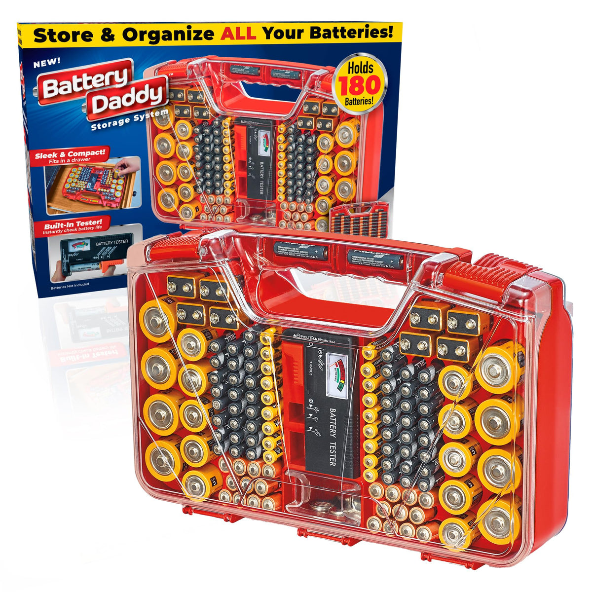 Ontel Battery Daddy front view showing double-sided storage for easy organization