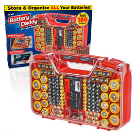 Ontel Battery Daddy front view showing double-sided storage for easy organization