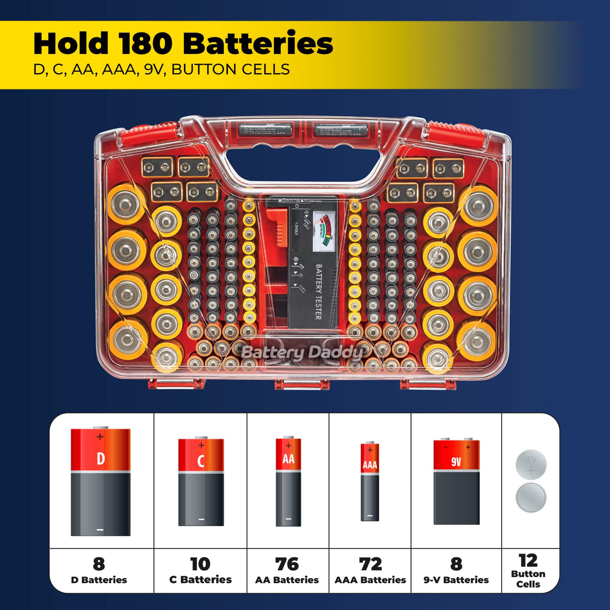 Ontel Battery Daddy side view emphasizing compact storage fit for drawers