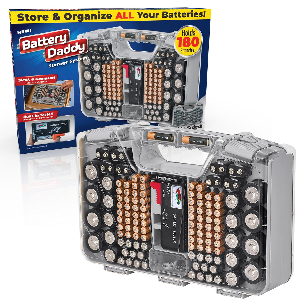 Ontel Battery Daddy double-sided case keeps batteries organized at a glance