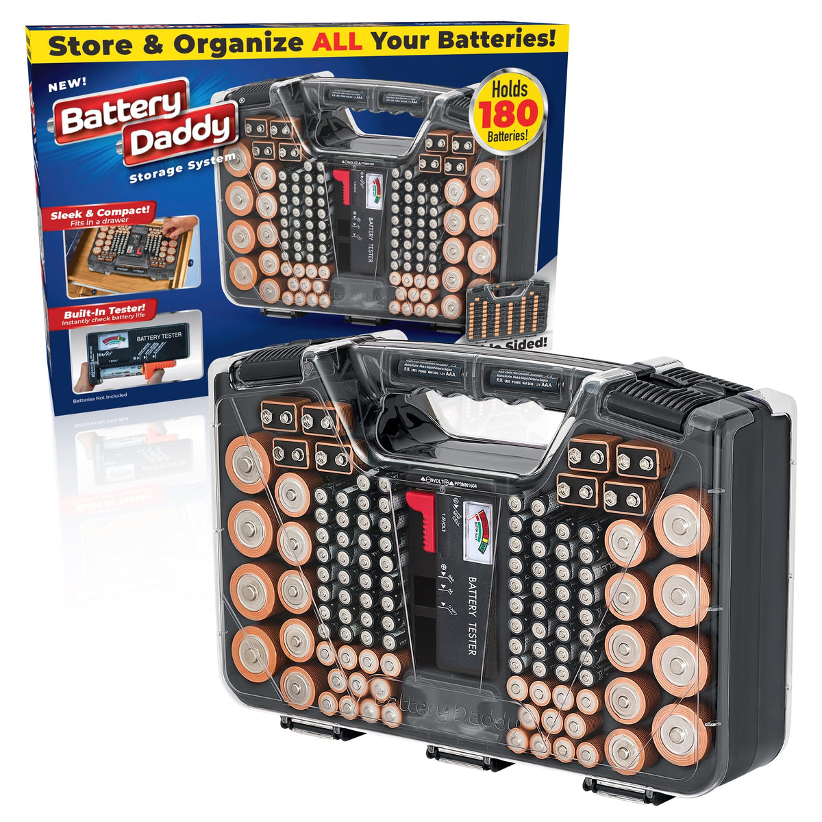 Ontel Battery Daddy double‑sided organizer keeps batteries neatly sorted and easy to grab