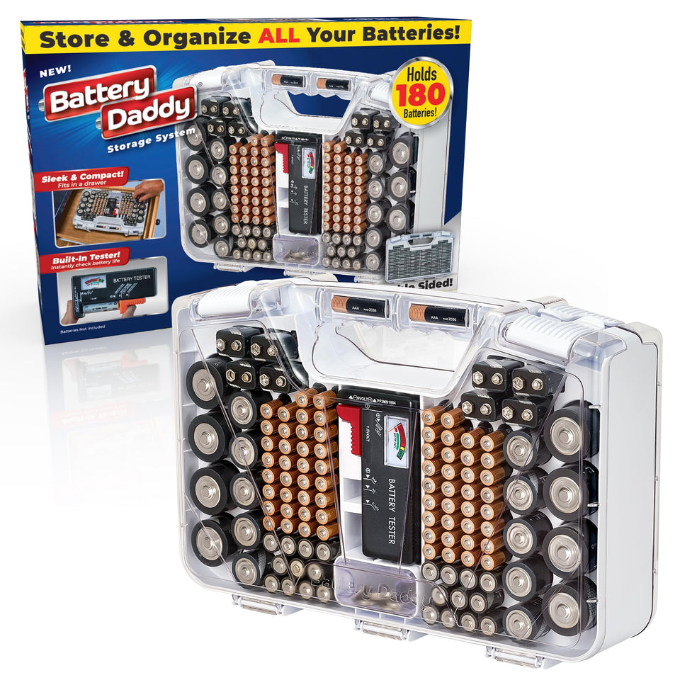 Ontel Battery Daddy double-sided storage keeps batteries organized at a glance.