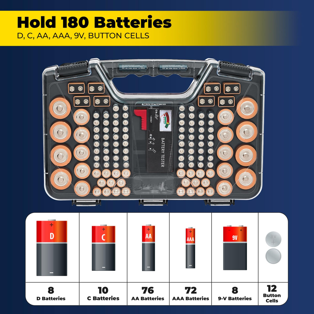 Ontel Battery Daddy easy‑view lid lets you see batteries at a glance