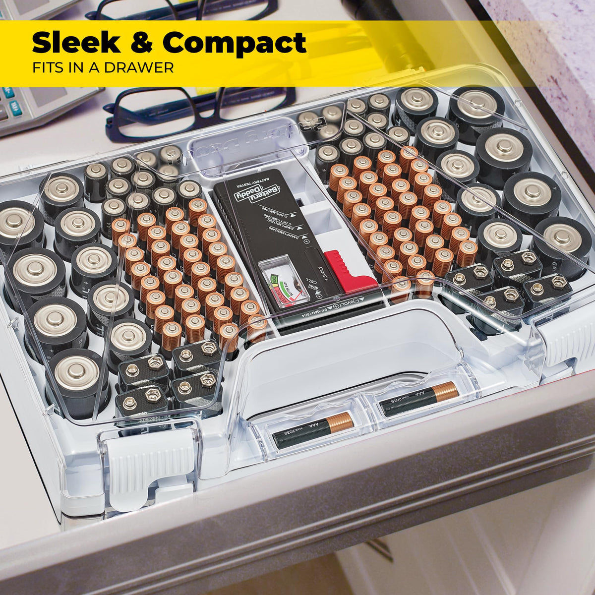 Ontel Battery Daddy holds up to 180 batteries for clutter-free spaces.