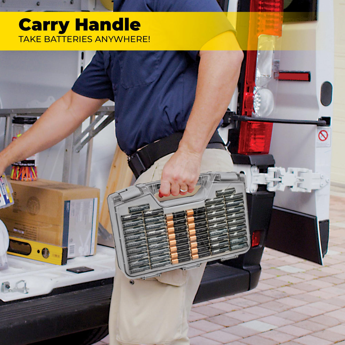 Ontel Battery Daddy portable design with carrying handle for on-the-go use