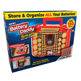 Ontel Battery Daddy Smart front view with clear lid for quick access.