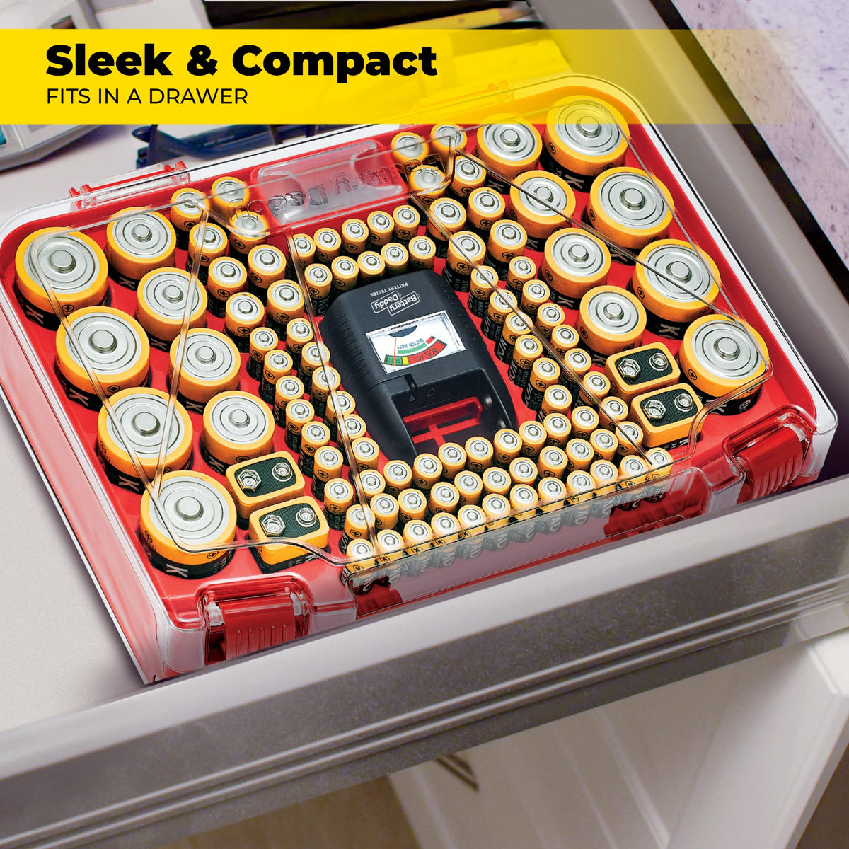 Ontel Battery Daddy Smart closed lid keeps batteries safely stored.