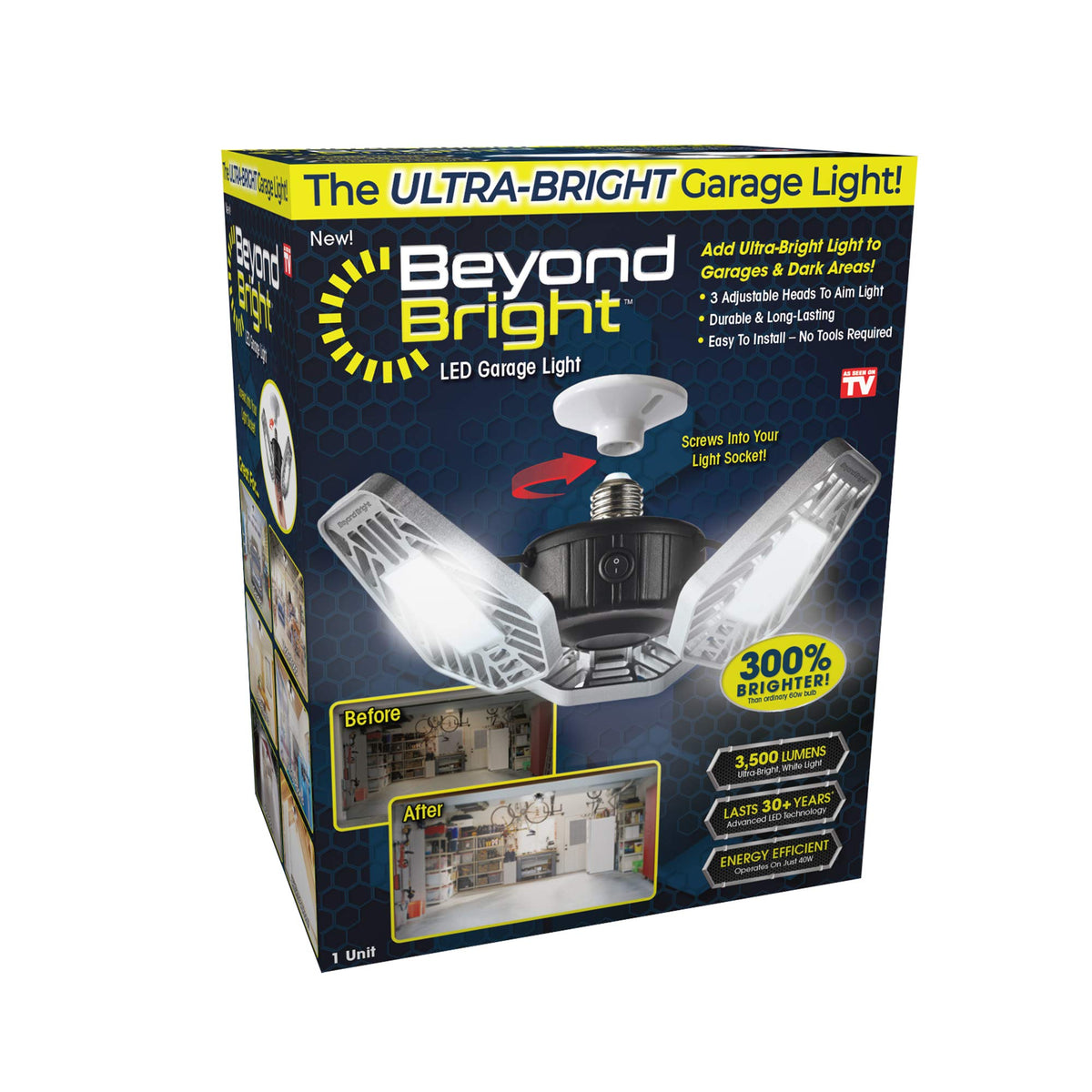 Ontel Beyond Bright LED garage light front view with strong illumination for garages