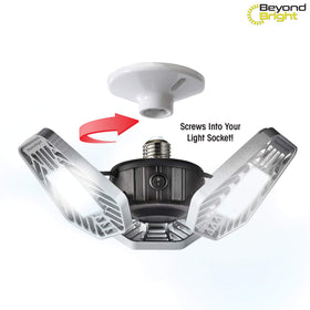 Ontel Beyond Bright LED garage light with adjustable panels tilted to brighten corners