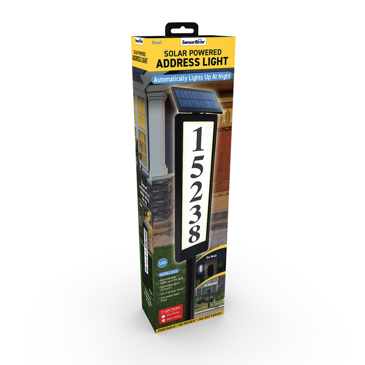 Ontel Sensor Brite address light, front view, 360-degree LED for clear house numbers at night.